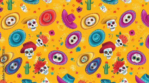 Colorful sugar skull pattern with sombrero hat and floral accents, festive mood