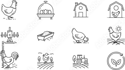 Collection of Chicken Farming Icons Showing Rooster, Hen, Barn, Incubator, Tractor, and Crops for Agriculture