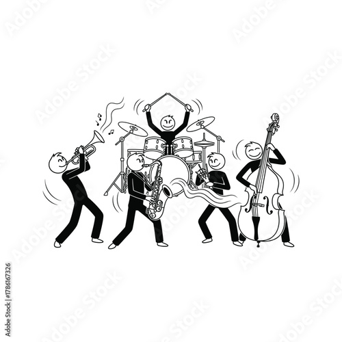 A cheerful stick figure band plays jazz music with a trumpet saxophone drums and upright bass