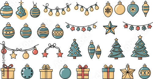 Collection of Christmas Ornaments Baubles Stars Trees Lights and Gift Boxes Festive Holiday Decorations Vector Elements