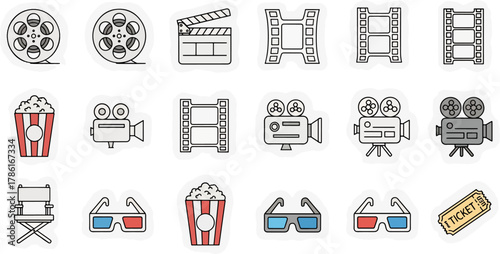 Collection of cinema and movie icons film reels clapboard popcorn 3D glasses director chair and ticket