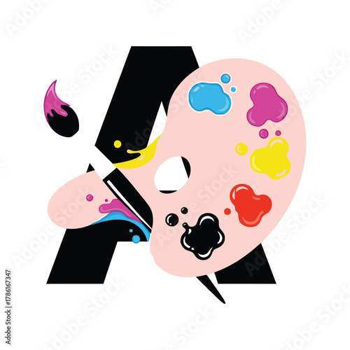 Artistic letter a with a paint palette and brush dripping with vibrant colors