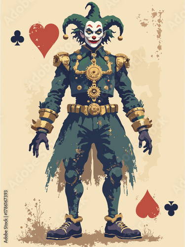 Joker A — clockwork trickster: mechanical jester composed of gears, spring limbs and playing-card insignia, sepia-steel palette