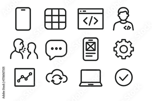 Mobile App Icon Set. Mobile app development and consulting. Line outline icon set of mobile app development