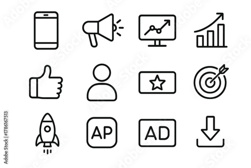 Mobile Marketing Icons. Mobile app marketing. Line outline icon set of mobile app marketing: smartphone,