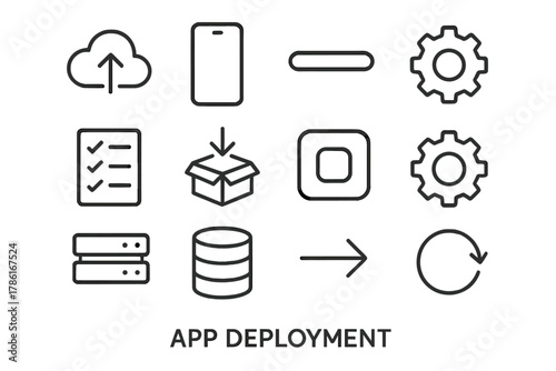 App Deployment Icons. App deployment. Line outline icon set of app deployment: cloud upload, smartphone,