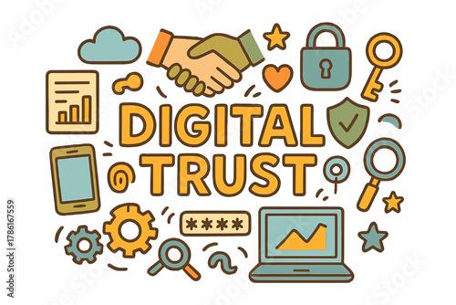 Digital Trust Doodle. Digital Trust. Hand-drawn doodle illustration of digital trust. Handshake, shield, key,