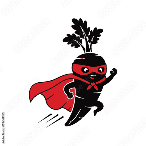 Cute cartoon radish character dressed as a superhero flying with a red cape and mask