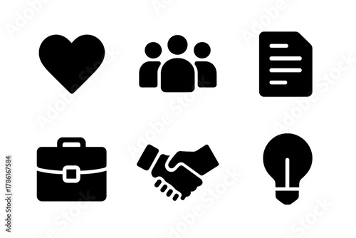 Nonprofit Career Icons. Nonprofit careers. Filled icon set of nonprofit careers: heart, community, donation