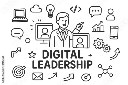 Doodle Digital Leadership. Digital leadership. Hand-drawn doodle illustration of digital leadership. In the