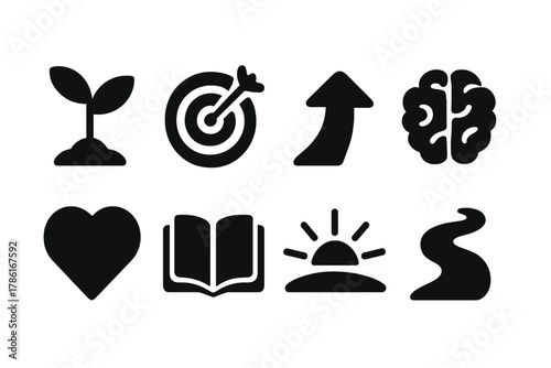 Icons of Growth. Personal growth. Filled icon set of personal growth: sprouting plant, target, arrow upward,