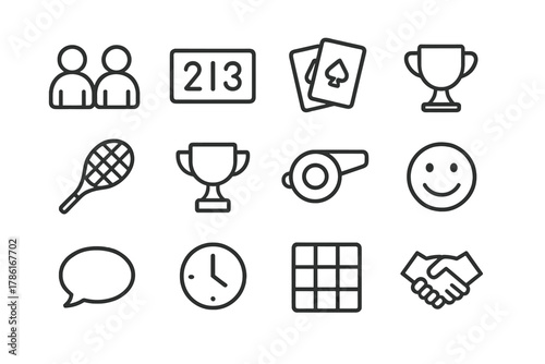 Casual Competition Icons. Casual competition. Line outline icon set of casual competition: two players,