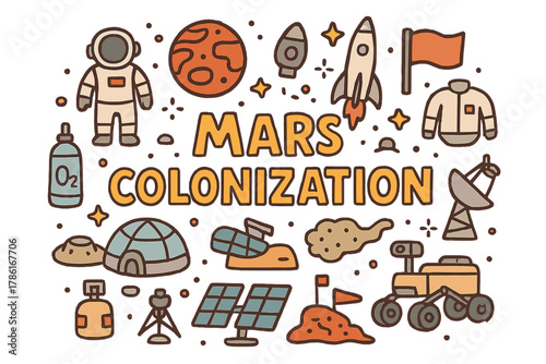 Mars Exploration Doodle. Mars Colonization. Hand-drawn doodle illustration of Mars colonization. Mars planet,