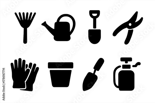 Garden Tool Icons. Garden maintenance. Filled icon set of garden maintenance: rake, watering can, shovel,