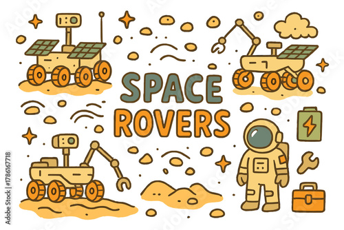 Doodle Space Rovers. Space Rovers. Hand-drawn doodle illustration of space rovers. Mars rover, wheels, control