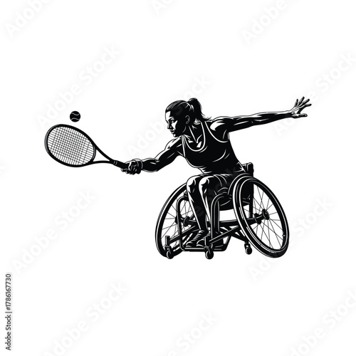 Dynamic silhouette of a determined female wheelchair tennis player in action hitting a forehand shot