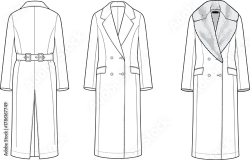 Overcoat fashion design, technical flat sketch, vector illustration, double breasted coat, fur collar option, belted back, front and back CAD drawing