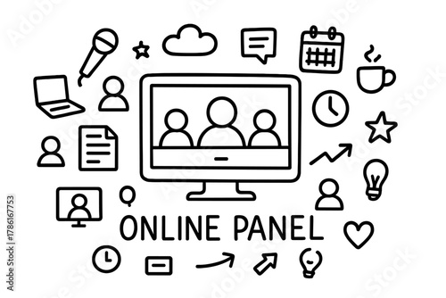 Online Panel Doodle. Online panel. Hand-drawn doodle illustration of online panel. In the middle, one slightly