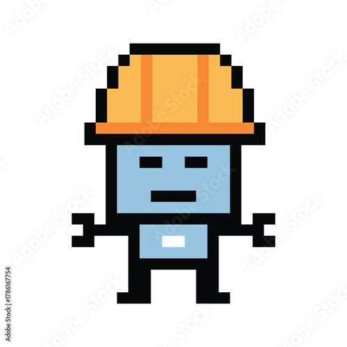 Cartoon pixel art of humanoid robot learning toy robotic engineer bot machine business vector character automation electronic background 8 bit artificial intelligence concept.