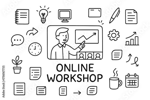 Online Workshop Doodle. Online workshop. Hand-drawn doodle illustration of online workshop. In the middle, one