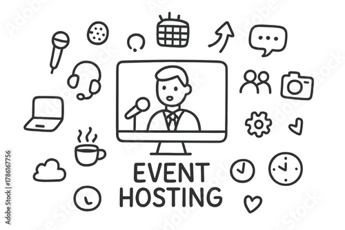 Doodle Event Hosting Icons. Event hosting. Hand-drawn doodle illustration of event hosting. In the middle, one