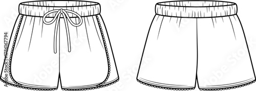 Women’s shorts fashion design, technical flat sketch, vector illustration, scalloped hem, drawstring waistband, front and back view, CAD drawing template