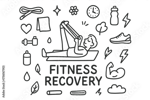 Fitness Recovery Doodle. Fitness recovery. Hand-drawn doodle illustration of fitness recovery. In the middle,