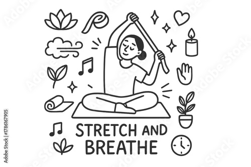 Doodle Yoga Scene. Stretch and breathe. Hand-drawn doodle illustration of stretch and breathe. In the middle,