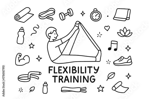 Flexibility Workout Doodle. A person performing a flexibility workout, using a stretching strap. Hand-drawn