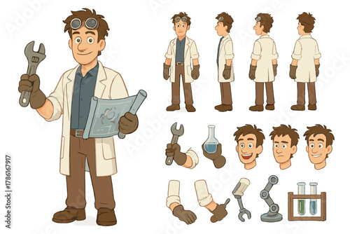 Inventor Character Design. Cartoon realistic vector illustration, Character constructor style, isolated