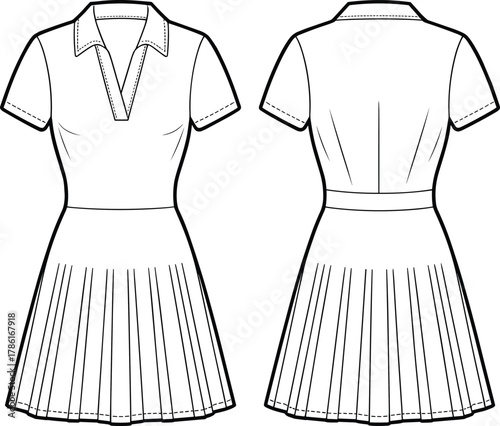 Short sleeve dress flat sketch, fashion technical drawing, V‑neckline design, pleated skirt, fitted bodice, garment illustration, apparel template, clothing design
