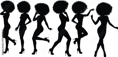 Women silhouettes, afro hairstyle poses, stylish fashion illustration, high heel figures, expressive stance, feminine posture, fashion art, design template, elegance