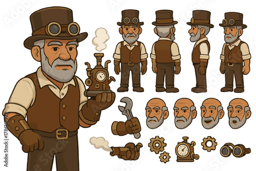 Steampunk Inventor Kit. Cartoon realistic vector illustration, Character constructor style, isolated