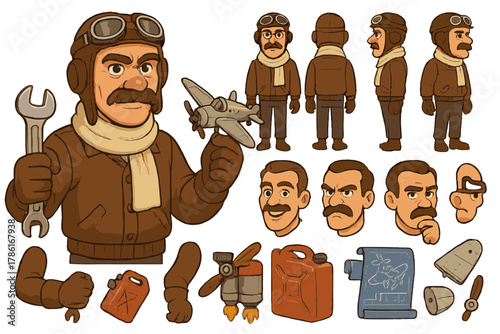 Inventor Pilot Character Set. Cartoon realistic vector illustration, Character constructor style, isolated