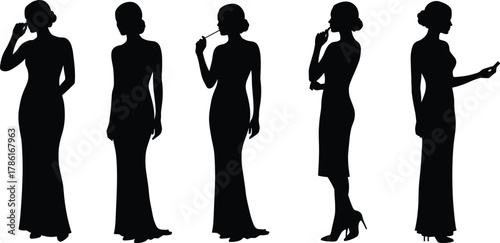 Women silhouettes, elegant fashion poses, stylish dress illustration, makeup activity, high heel figures, feminine posture, beauty art, fashion design, model template