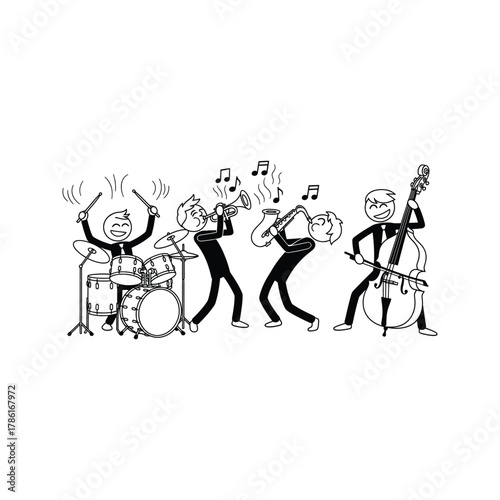 Joyful stick figure band playing jazz music with drums trumpet saxophone and double bass