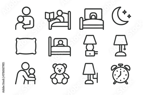 Bedtime Icon Set. Parent and child bedtime. Line outline icon set of parent and child bedtime: parent, child,