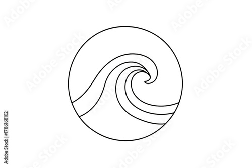 Minimal Wave Elegance. Ocean Breeze. minimalistic one-line drawing of an ocean wave curling into a circle,