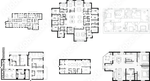 Compilation of five distinct architectural floor plans for homes