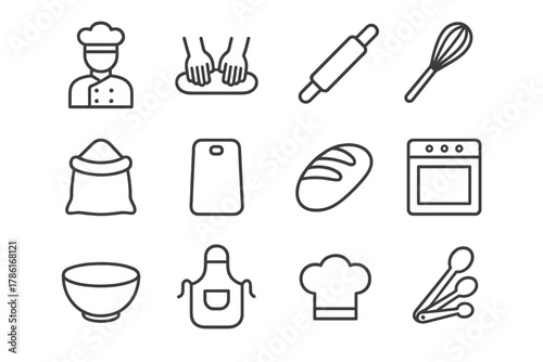 Culinary Icon Set. Culinary craftsmanship. Line outline icon set of culinary craftsmanship: baker, hands