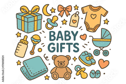 Colorful Baby Gift Doodles. Baby Gifts. Hand-drawn doodle illustration of baby gifts. Gift box, ribbon, teddy