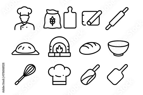 Traditional Baking Icons. Traditional baking. Line outline icon set of traditional baking: baker, flour bag,