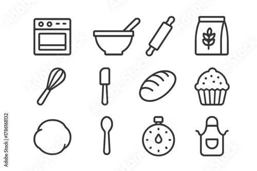 Home Baking Icons. Home baking. Line outline icon set of home baking: oven, mixing bowl, rolling pin, flour