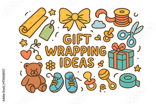 Creative Gift Wrapping. Gift Wrapping Ideas. Hand-drawn doodle illustration of gift wrapping ideas. Gift box,