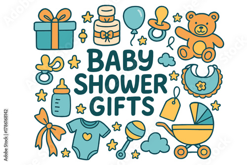 Baby Shower Doodles. Baby Shower Gifts. Hand-drawn doodle illustration of baby shower gifts. Gift box, diaper