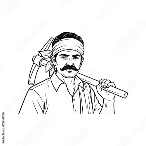 Strong indian farmer with a pickaxe over his shoulder wearing a headscarf and traditional shirt