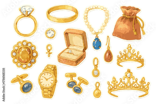 Luxury Jewelry Stickers. Luxury jewelry pieces. Realistic hand-painted watercolor style sticker sheet of