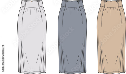 Pencil skirt, fashion sketch, CAD drawing, vector illustration, garment design, clothing template, stylish silhouette, front slit, flat sketch, apparel