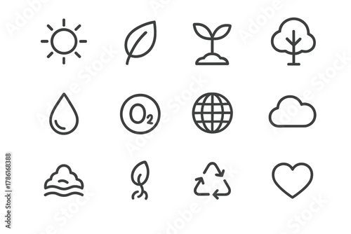Earth Life Icons. Life on Earth. Line outline icon set of life on Earth: sun, leaf, plant, tree, water droplet