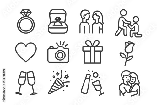 Proposal Icon Set. Proposal moments. Line outline icon set of proposal moments: engagement ring, diamond box,